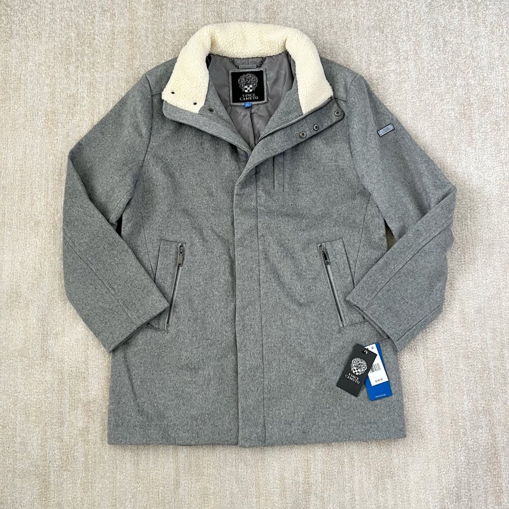 NWT Vince Camuto Faux Shearling Wool Blend Gray Pea Coat L